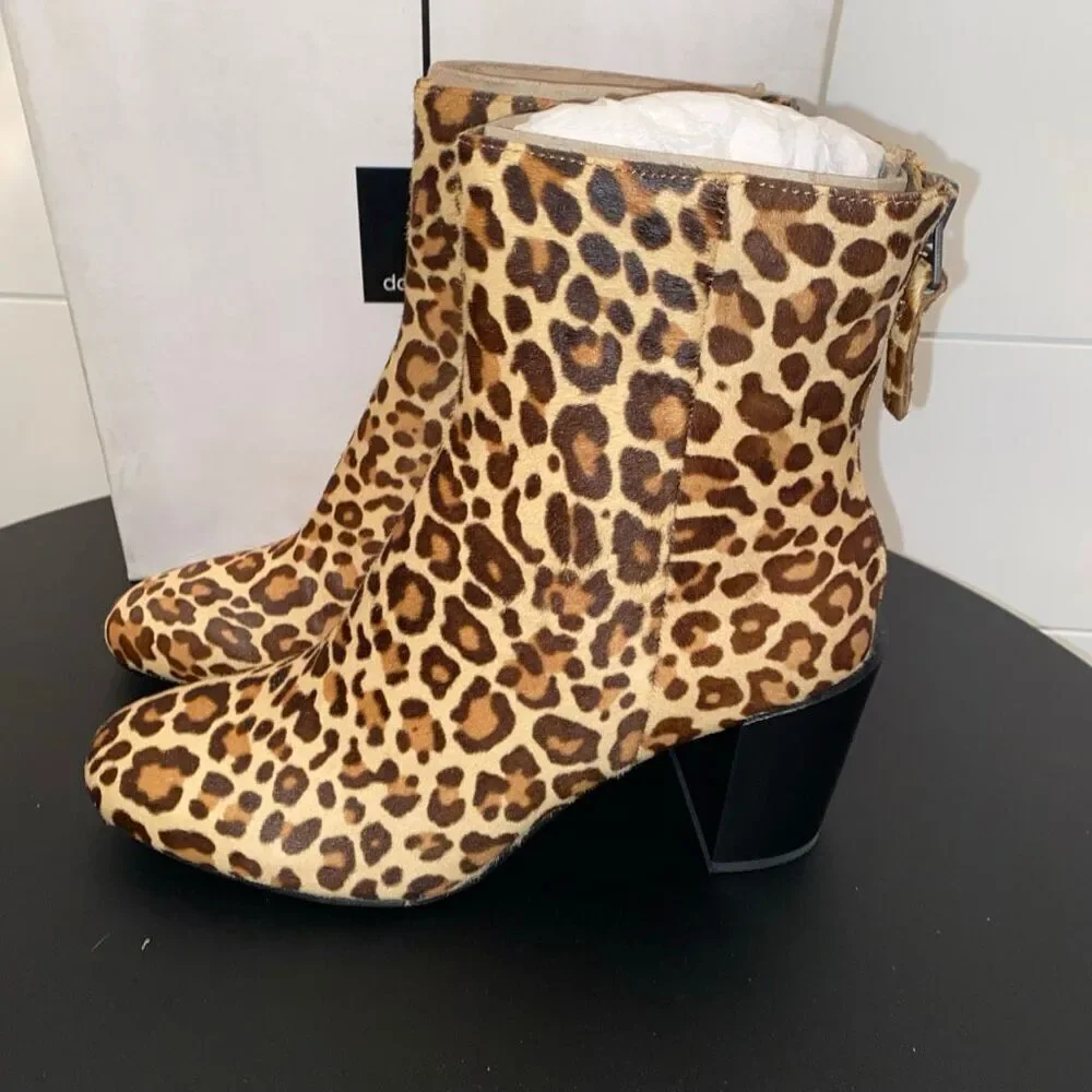 Dolce Vita Women's Booties Cyan Calf Hair Dark Leopard Block Heel Size 8.5